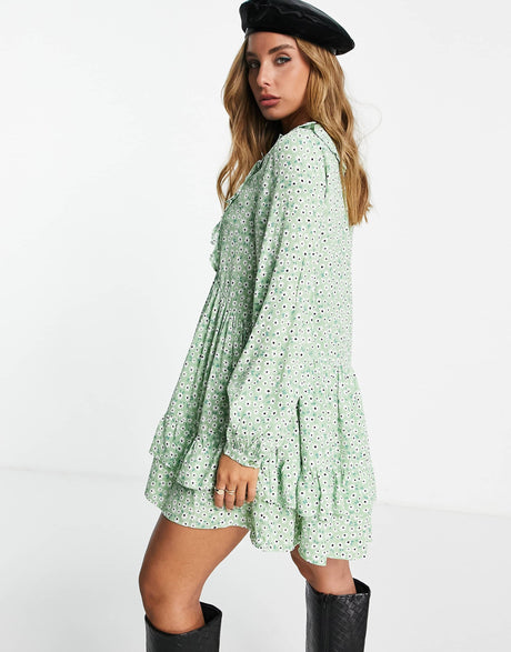 Edited Mini Tiered Tea Dress In Green Daisy Print