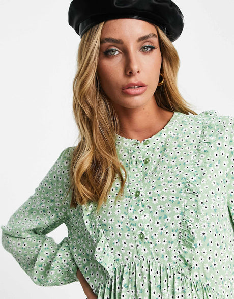 Edited Mini Tiered Tea Dress In Green Daisy Print