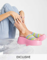 Daisy Street Exclusive Chunky Sole Sandals In  Multi Pink Crochet