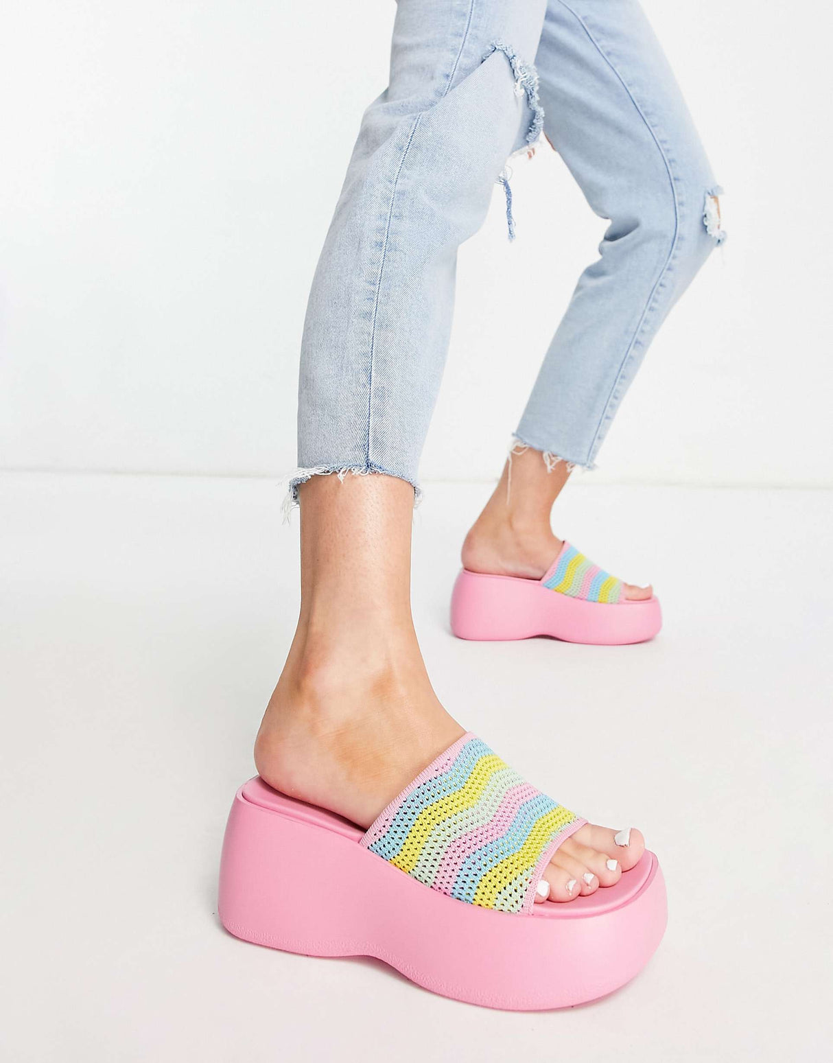 Daisy Street Exclusive Chunky Sole Sandals In  Multi Pink Crochet