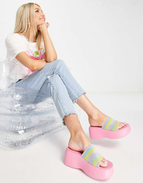 Daisy Street Exclusive Chunky Sole Sandals In  Multi Pink Crochet