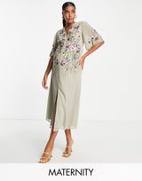Hope & Ivy Maternity Adelaide Embroidered Dress In Sage Green