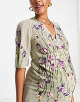 Hope & Ivy Maternity Adelaide Embroidered Dress In Sage Green
