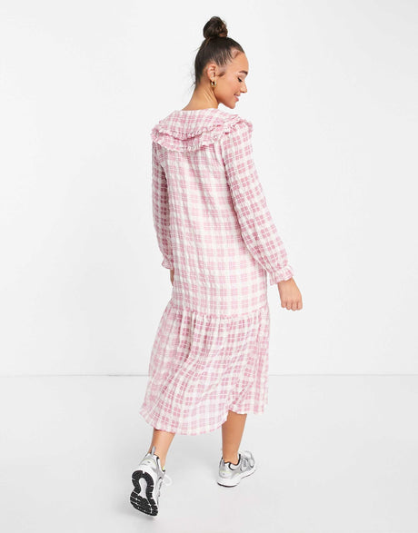 Lost Ink Double Collar Tie Neck Smock Dress In Pink