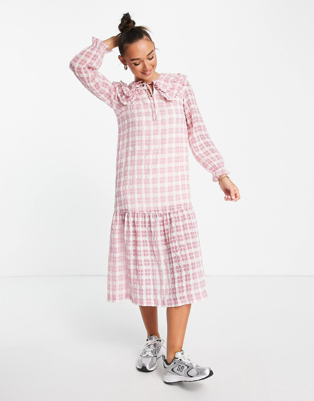 Lost Ink Double Collar Tie Neck Smock Dress In Pink
