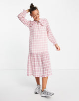 Lost Ink Double Collar Tie Neck Smock Dress In Pink