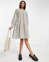 Selected Femme Cotton Check Dress In Cream