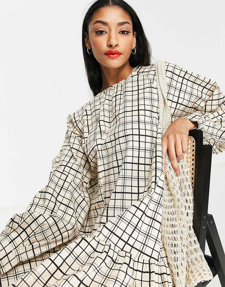 Selected Femme Cotton Check Dress In Cream