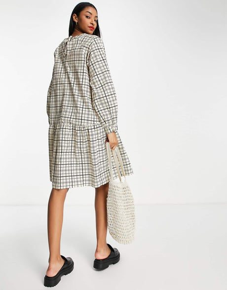 Selected Femme Cotton Check Dress In Cream