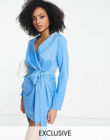In The Style Exclusive Tie Front Blazer Dress In Blue