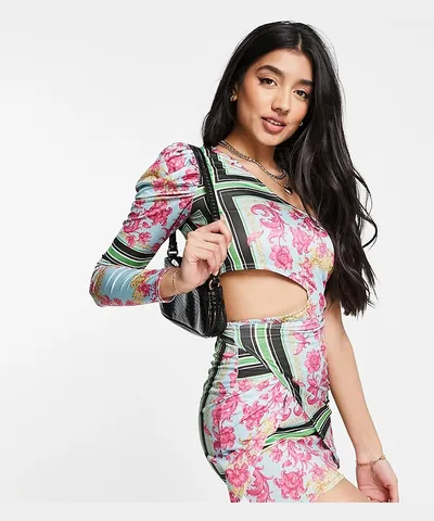 In The Style X Liberty Exclusive One Shoulder Cut Out Waist Bodycon Dress Multi Floral