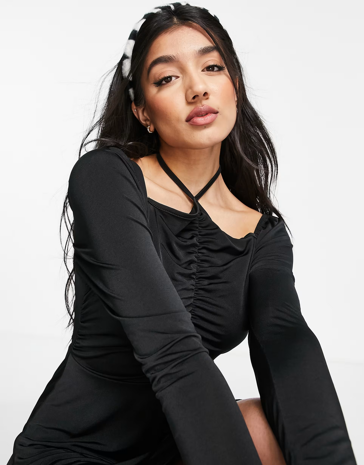 In The Style X Liberty Exclusive Halterneck Long Sleeve Ruched Front Skater Dress In Black