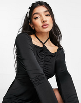 In The Style X Liberty Exclusive Halterneck Long Sleeve Ruched Front Skater Dress In Black