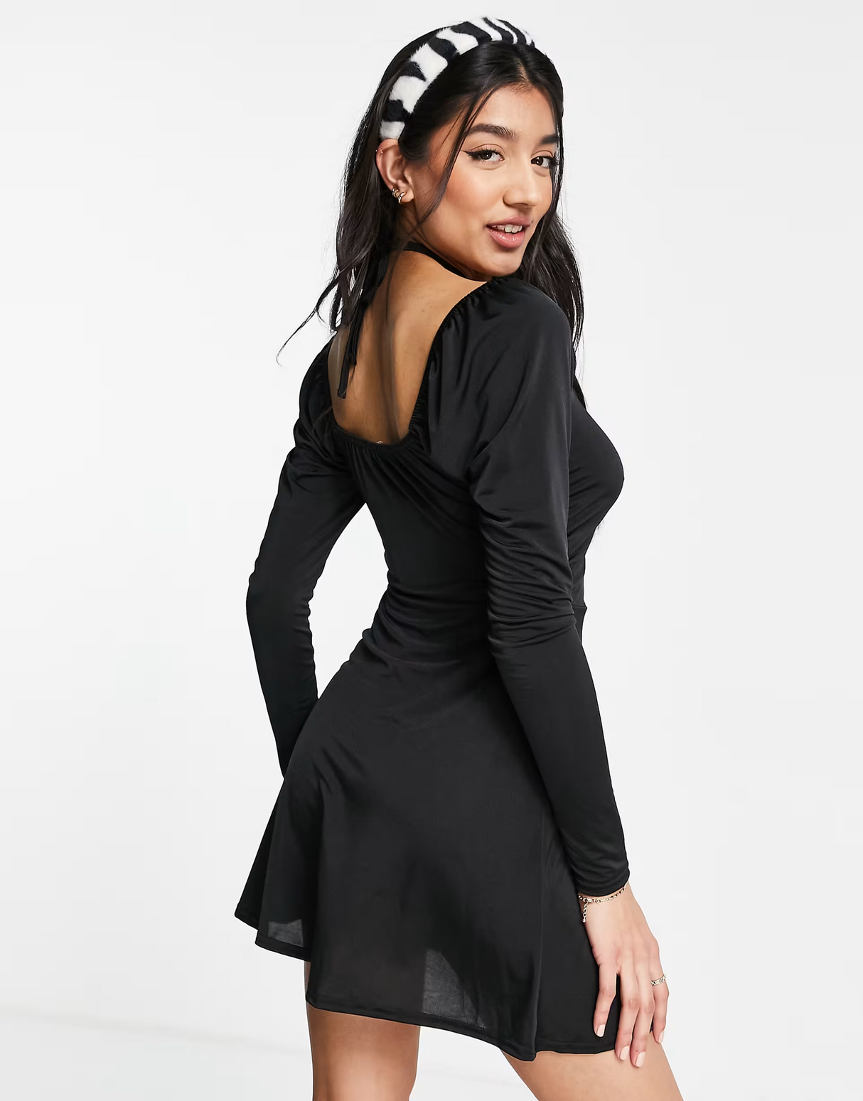 In The Style X Liberty Exclusive Halterneck Long Sleeve Ruched Front Skater Dress In Black