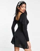 In The Style X Liberty Exclusive Halterneck Long Sleeve Ruched Front Skater Dress In Black