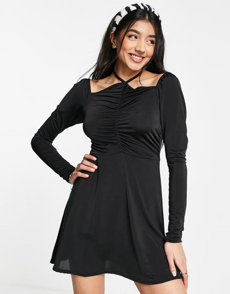 In The Style X Liberty Exclusive Halterneck Long Sleeve Ruched Front Skater Dress In Black