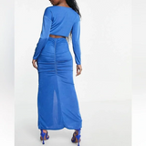 In The Style X Liberty Exclusive Long Sleeve Ruched Front Top Co-Ord In Navy