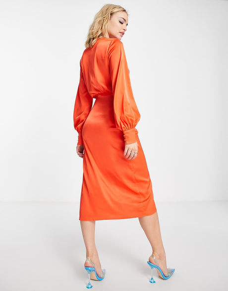 Never Fully Dressed Satin Wrap Midi Dress In Orange
