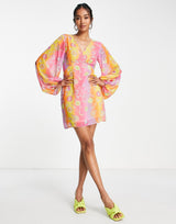 Never Fully Dressed Balloon Sleeve Mini Dress In Ombre Stripe Floral