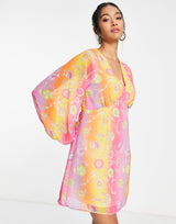 Never Fully Dressed Balloon Sleeve Mini Dress In Ombre Stripe Floral