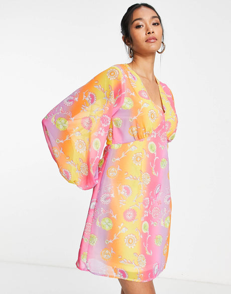 Never Fully Dressed Balloon Sleeve Mini Dress In Ombre Stripe Floral