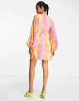 Never Fully Dressed Balloon Sleeve Mini Dress In Ombre Stripe Floral