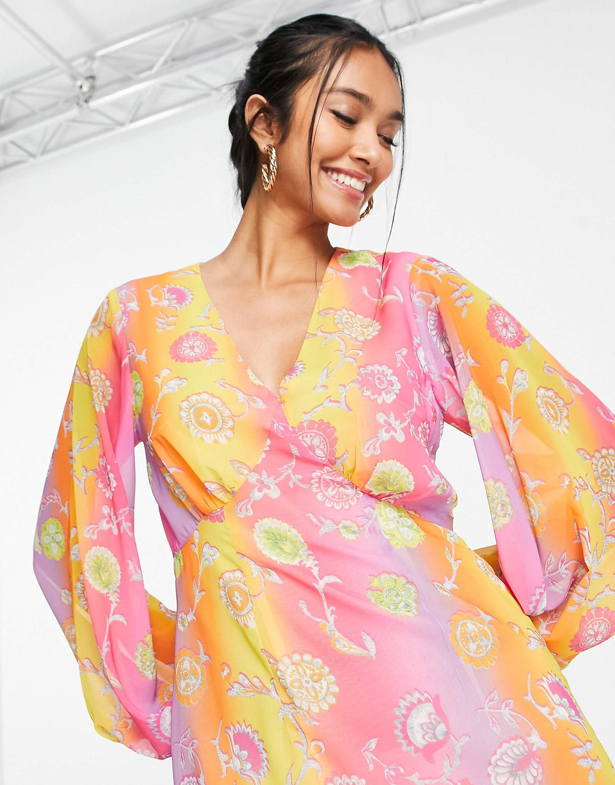 Never Fully Dressed Balloon Sleeve Mini Dress In Ombre Stripe Floral