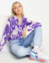 Weekday Long Sleeve Sheer Shirt In Blue Smudge Print