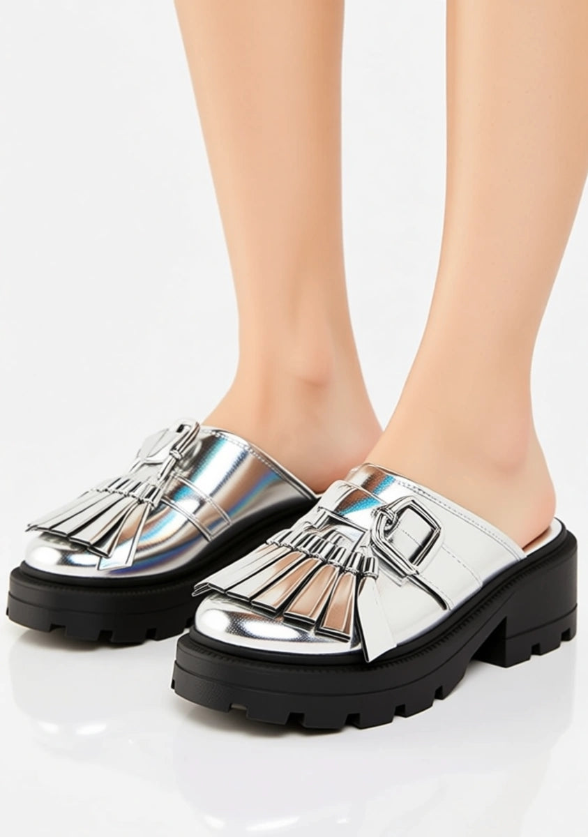 Shellys London Amber Chunky Mule Sandals In Silver Holographic