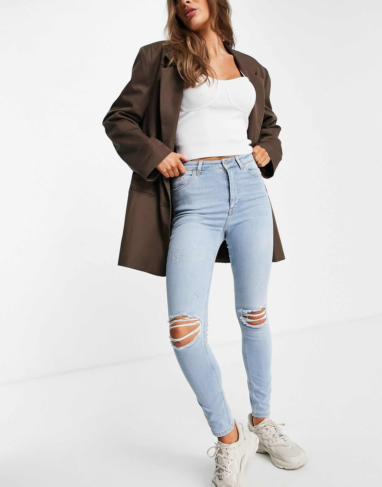 Na-Kd Cotton Highwaist Skinny Ripped Jean In Mid Blue