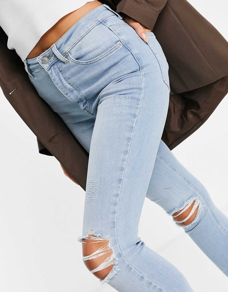 Na-Kd Cotton Highwaist Skinny Ripped Jean In Mid Blue