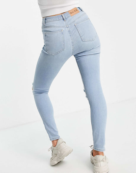 Na-Kd Cotton Highwaist Skinny Ripped Jean In Mid Blue