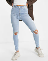 Na-Kd Cotton Highwaist Skinny Ripped Jean In Mid Blue