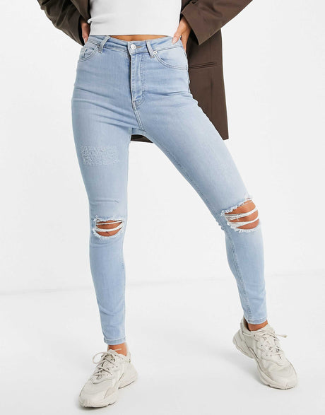 Na-Kd Cotton Highwaist Skinny Ripped Jean In Mid Blue