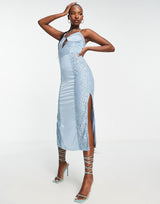Naanaa Satin Midi Dress With Lace Insert In Blue