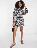 River Island Floral Mini Tea Dress In Black