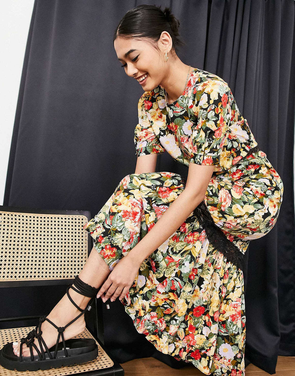 River Island Lace Insert Floral Midi Dress In Black