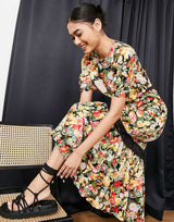 River Island Lace Insert Floral Midi Dress In Black