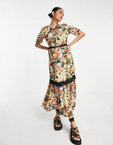 River Island Lace Insert Floral Midi Dress In Black
