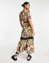 River Island Lace Insert Floral Midi Dress In Black