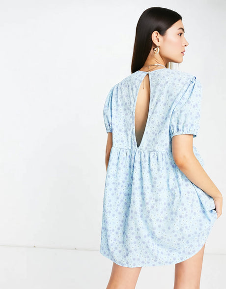 Daisy Street Mini Smock Dress In Baby Blue Floral