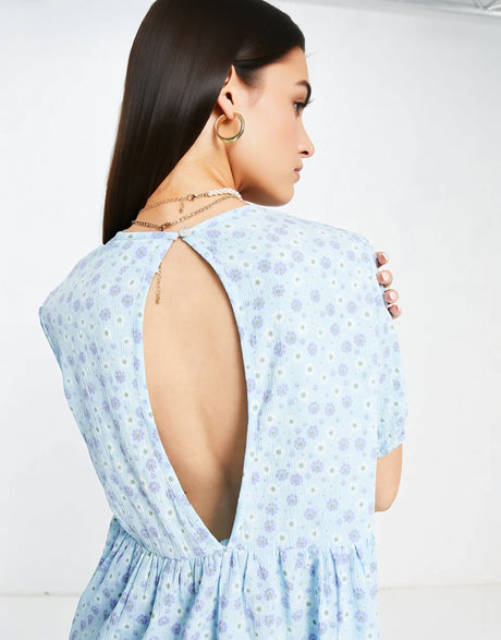 Daisy Street Mini Smock Dress In Baby Blue Floral