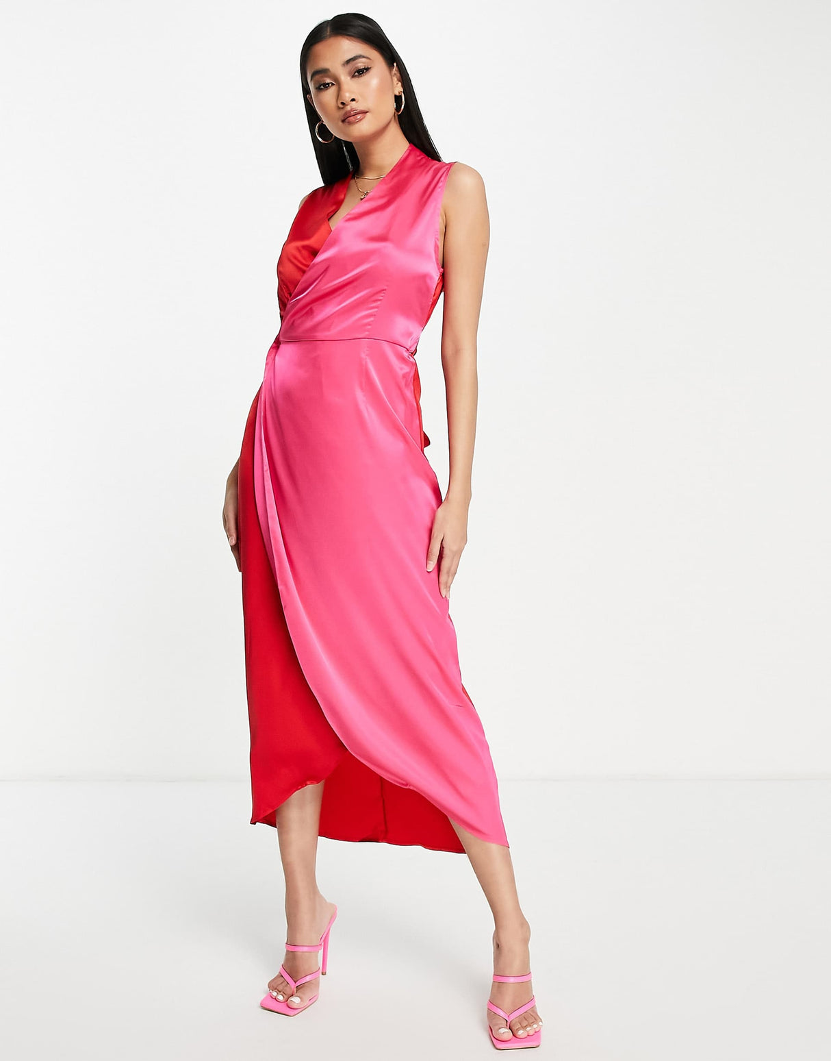 Never Fully Dressed Colour Block Satin Wrap Midi Dress In Red And Pink