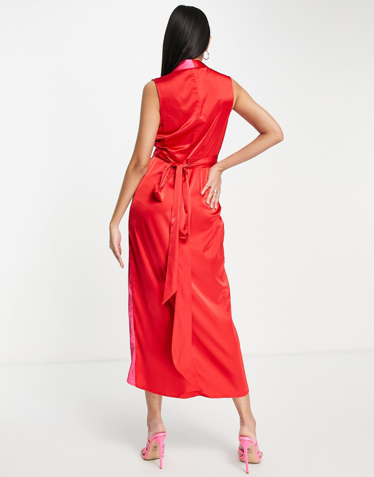 Never Fully Dressed Colour Block Satin Wrap Midi Dress In Red And Pink