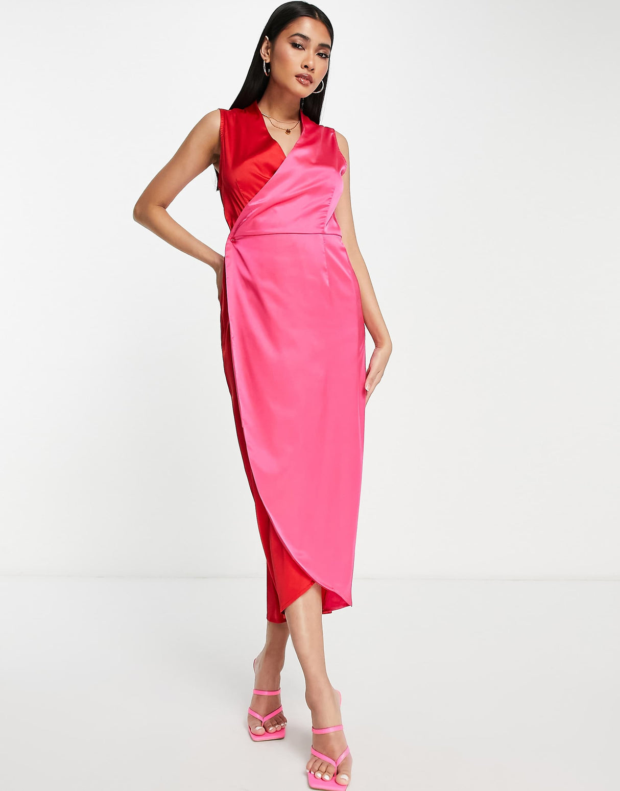 Never Fully Dressed Colour Block Satin Wrap Midi Dress In Red And Pink