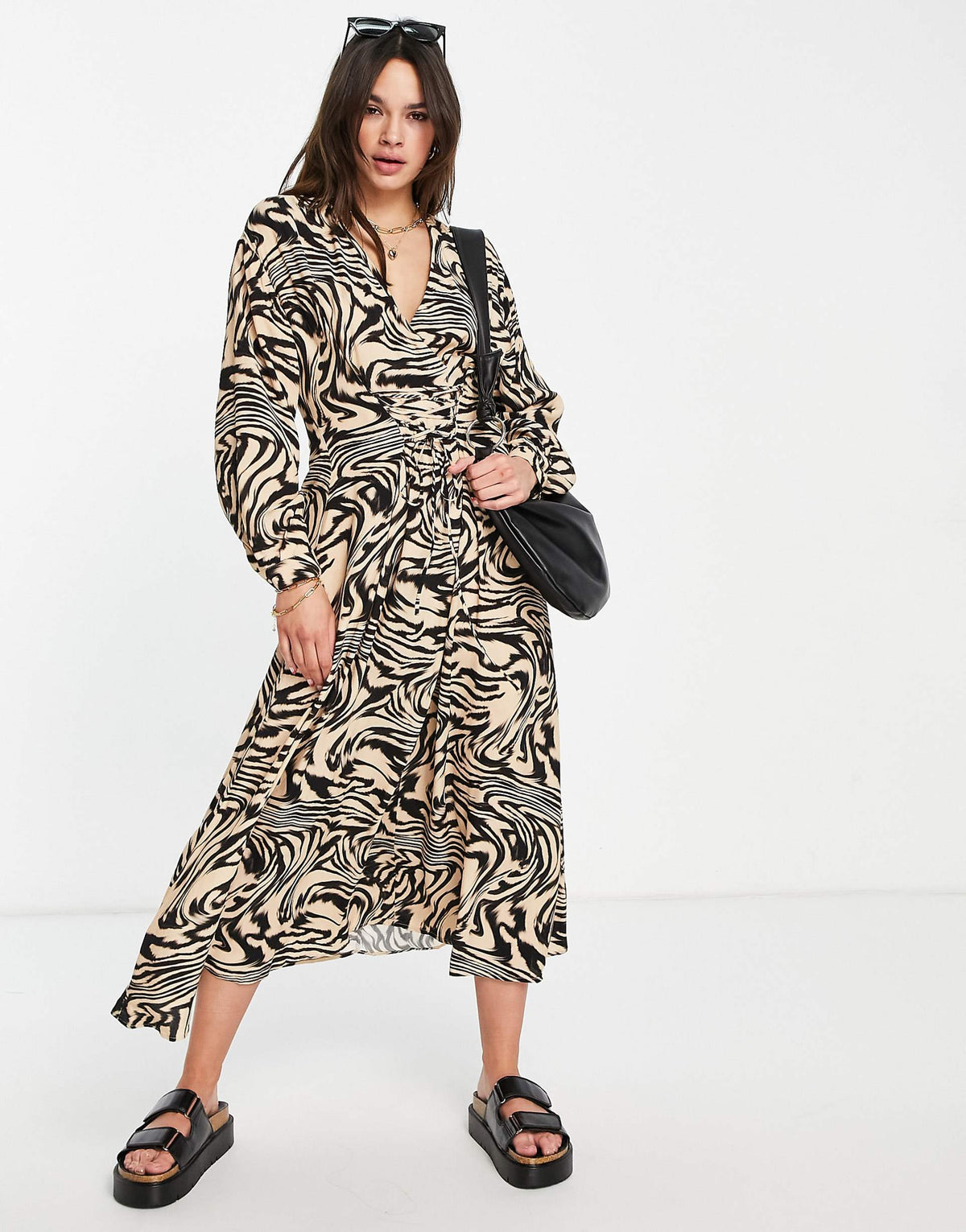 Mango Lace Up Front Midi Dress In Animal Print