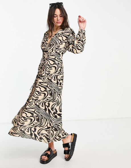 Mango Lace Up Front Midi Dress In Animal Print