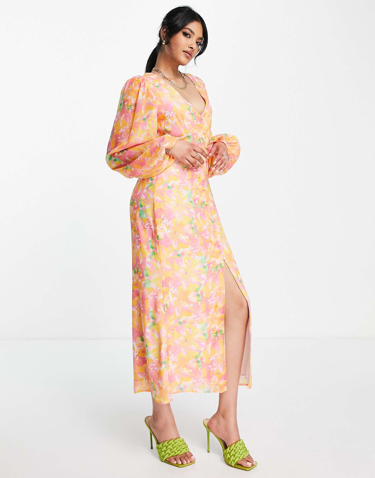 Pretty Lavish Balloon Sleeve Midaxi Dress In Pink And Orange Abstract Floral