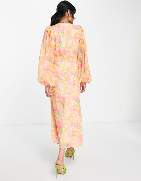 Pretty Lavish Balloon Sleeve Midaxi Dress In Pink And Orange Abstract Floral