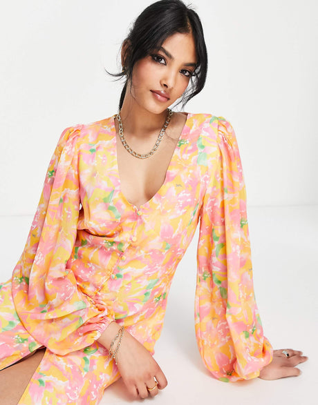 Pretty Lavish Balloon Sleeve Midaxi Dress In Pink And Orange Abstract Floral